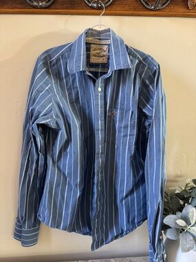 Hollister Men’s Blue Multi-Stripe Cotton Button-Down Shirt Y2K